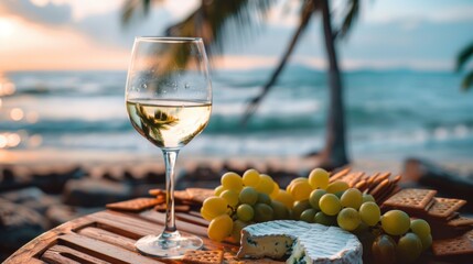 A glass of wine and grapes on a table next to the ocean, AI