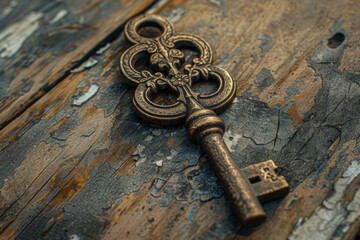 A close-up of an antique key with intricate designs placed on a weathered wooden table, bathed in soft, natural light.. AI generated.