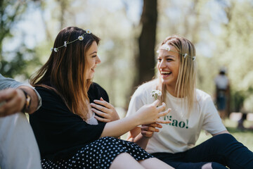 Two young women share laughter in a park, encapsulating the joy of a multiracial group of friends enjoying their free time outdoors.