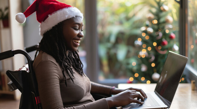 Happy Black Disabled Woman Working Remotely From Home On Laptop At Christmas. Young African American Female Remote Worker In Wheelchair Wearing Santa Claus Hat On Virtual  Xmas Office Party Video Call