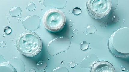 Mockup skincare cosmetic packages on blue background with water droplets
