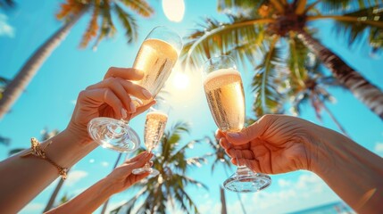 Cheers glasses of champagne together between friends on summer holiday party at sea beach.