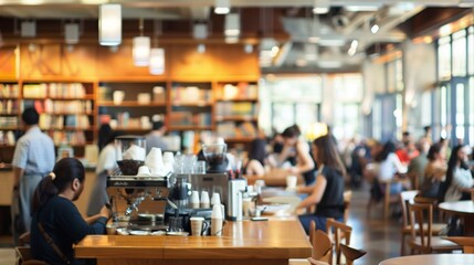 A defocused view of a bustling cafe corner in the library with baristas at work behind the counter and customers gathered around tables in lively conversations. The blurred scene captures .