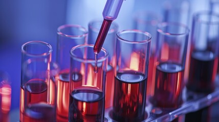 Close up of blood being pipetted into a test tube for analysis in a laboratory