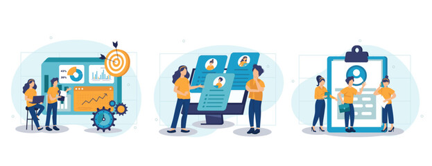 HR and headhunter service abstract concept vector illustration set. Human resources, candidates, performance management, find employee, job applicant, HR management software abstract metaphor.