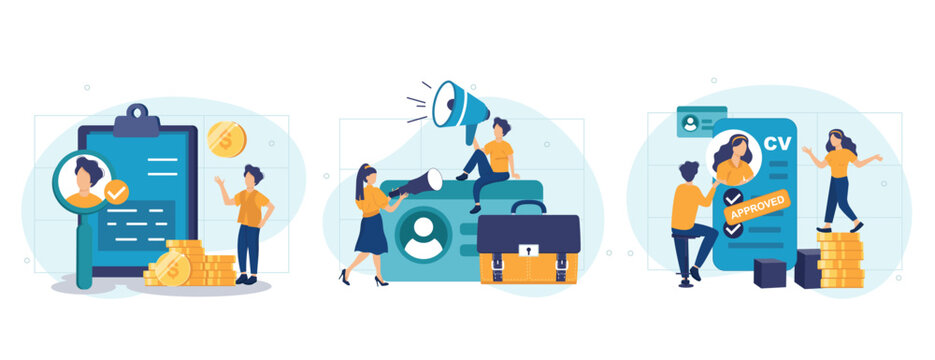 Hiring people concept, collection of scenes. Pr managers searching potential job candidates and analyzing CV. Character applying for work position. Job recruitment process concept. Vector illustration