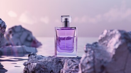 Transparent bottle with purple perfume on rock showcasing luxury perfumes and cosmetics