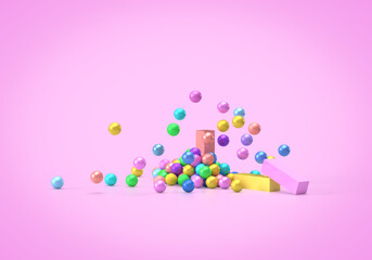Colorful geometric shapes, balloons flying in different directions and cubes. 3d render on the theme of a holiday, birthday, entertainment, sweets, bright colors, good mood. Pink background.