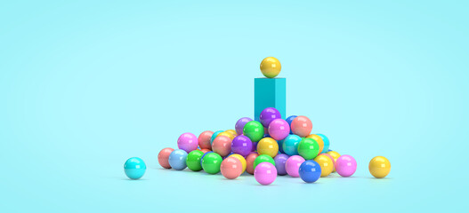 Multicolored geometric shapes, balls near a rectangular cube. 3d render on the theme of a holiday, birthday, entertainment, sweets, bright colors, good mood. Minimal style, blue background.