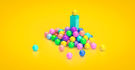 Multicolored geometric shapes, balls near a rectangular cube. 3d render on the theme of a holiday, birthday, entertainment, sweets, bright colors, good mood. Minimal style, yellow background.