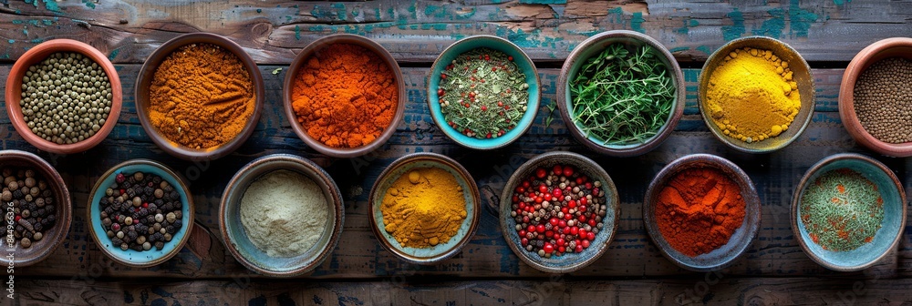Aufkleber a top-down view of colorful spices in ceramic bowls on a rustic wooden surface. generative ai