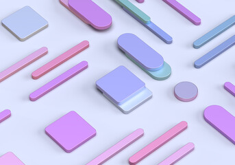 Abstract pattern of geometric shapes of rounded rectangles, cubes. The bedding is purple, pink. Metal coins. 3d render on the theme of tenderness, design, fashion, style. Purple background.