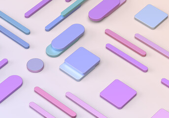 Abstract pattern of geometric shapes of rounded rectangles, cubes. The bedding is purple, pink. Metal coins. 3d render on the theme of tenderness, design, fashion, style. Pink background.