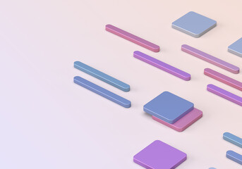 Abstract pattern of geometric metal shapes of rounded rectangles, cubes. Delicate, pastel colors of purple, pink. 3d rendering on the theme of design, fashion, style, bank, finance. Rose background.