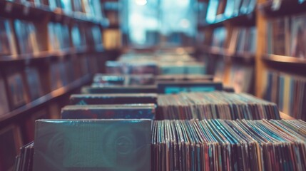 Softly blurred vinyl records stacked on shelves of a cozy record store create a dreamy atmosphere inviting listeners to slow down and lose themselves in the music. .