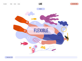 Fototapeta premium Life Unframed: Diver -modern flat vector concept illustration of a man swimming under the sea. Metaphor of unpredictability, imagination, whimsy, cycle of existence, play, growth and discovery