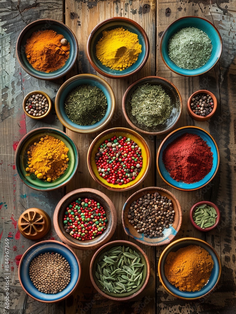 Poster A top-down view of various colorful spices in beautiful ceramic bowls arranged on a rustic wooden surface. Generative AI