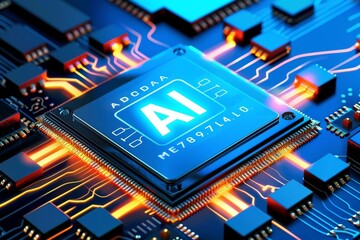 Fototapeta premium Advanced AI microchip on a vibrant electronic circuit board, illustrating the fusion of technology and innovation in a neon lit, futuristic environment