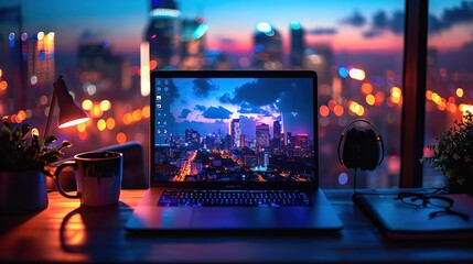 Night City Skyline on Laptop Screen with Desk Accessories