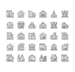 Buildings icons set. Vector line icons. Black outline stroke symbols