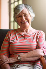 Senior woman, home and portrait with happy for retirement or pension to relax, break and chill....