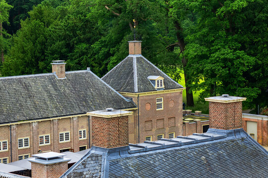 Historic Castle Het Loo. Symmetrical Dutch Baroque building built between 1684 and 1686 for stadtholder-king William III and his consort Princess Mary. Top view. APELDOORN, NETHERLANDS. JUNE 2, 2024.