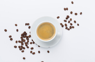 Cup of coffee on concrete background, top view