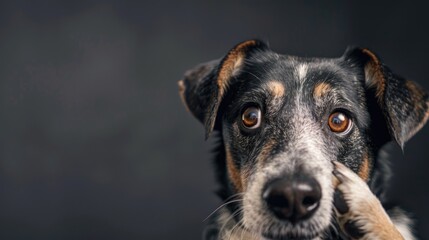 Shy dog portrait with paw covering face blank space
