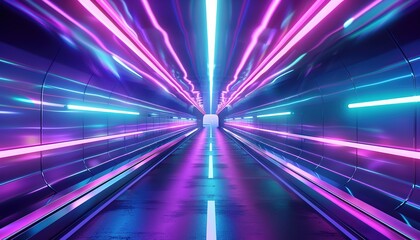Obraz premium Blue, Purple and Turquoise Colored Streaks form Abstract Neon Lights Tunnel