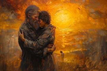 Father Embracing Returning Son in Religious Sunset Painting