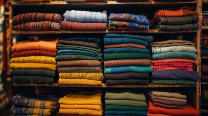Fabric cloth on stacks on shelf wallpaper background