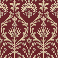 Design an elegant pattern with symmetrical waves and floral motifs in the style of traditional Indian color scheme of maroon