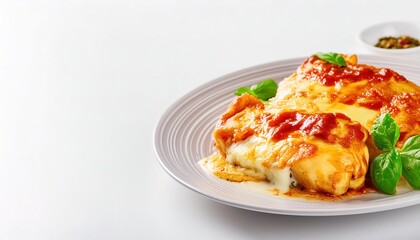 chicken Parm Parmesan often served with spaghetti noodles, linguine and fettuccine to rigatoni and farfalle pasta in restaurants with red tomato sauce, cheese, and basil. isolated on white background