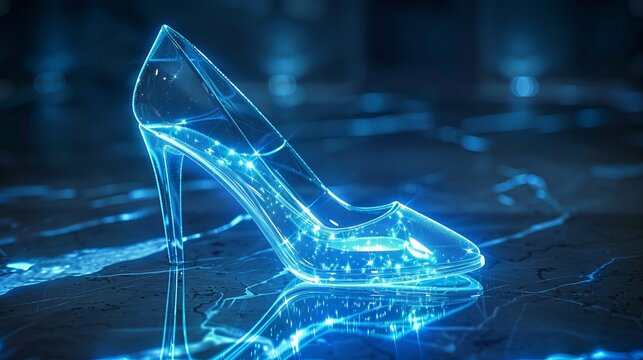 Futuristic glowing glass slipper with a digital blue theme, representing a blend of technology and fantasy, placed on a reflective surface.