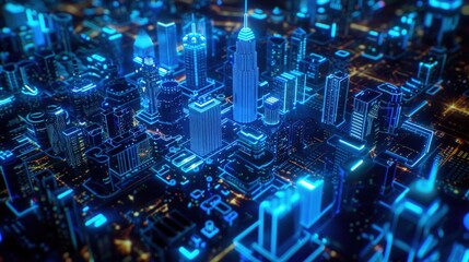 3d rendering of cityscape with glowing blue digital hologram buildings and network connections on dark background.