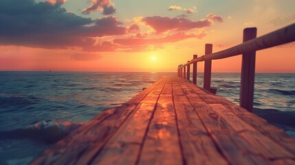 Pier made of wood against the backdrop of the ocean and sunset