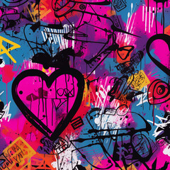 Abstract pattern with hearts, urban elements, drops, brush, lines stars, sprays. Pink wallpaper for girls. Grunge background with bright colors hearts and spay paint