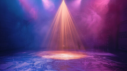 A vibrant, colorful stage with dramatic lighting effects creating an intense, mystic atmosphere. Ideal for artistic performances or theatrical presentations.