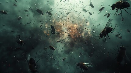Obraz premium Digital rendering of flies amidst a mysterious, dramatic explosion. Surreal and chaotic scene with dark, cinematic atmosphere.