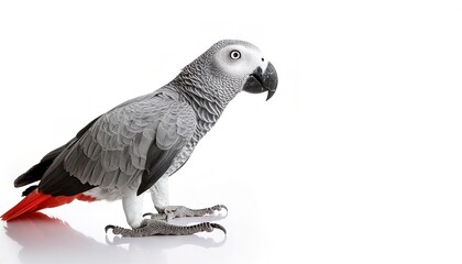 Obraz premium African grey Congo parrot - Psittacus erithacus - medium sized grey white colored bird with red tail feathers common in captivity, prized for its ability to mimic human speech and a wide vocabulary
