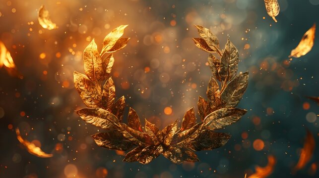 Golden laurel wreath with burning embers floating in the background, symbolizing victory and power in a dramatic, fiery scene.