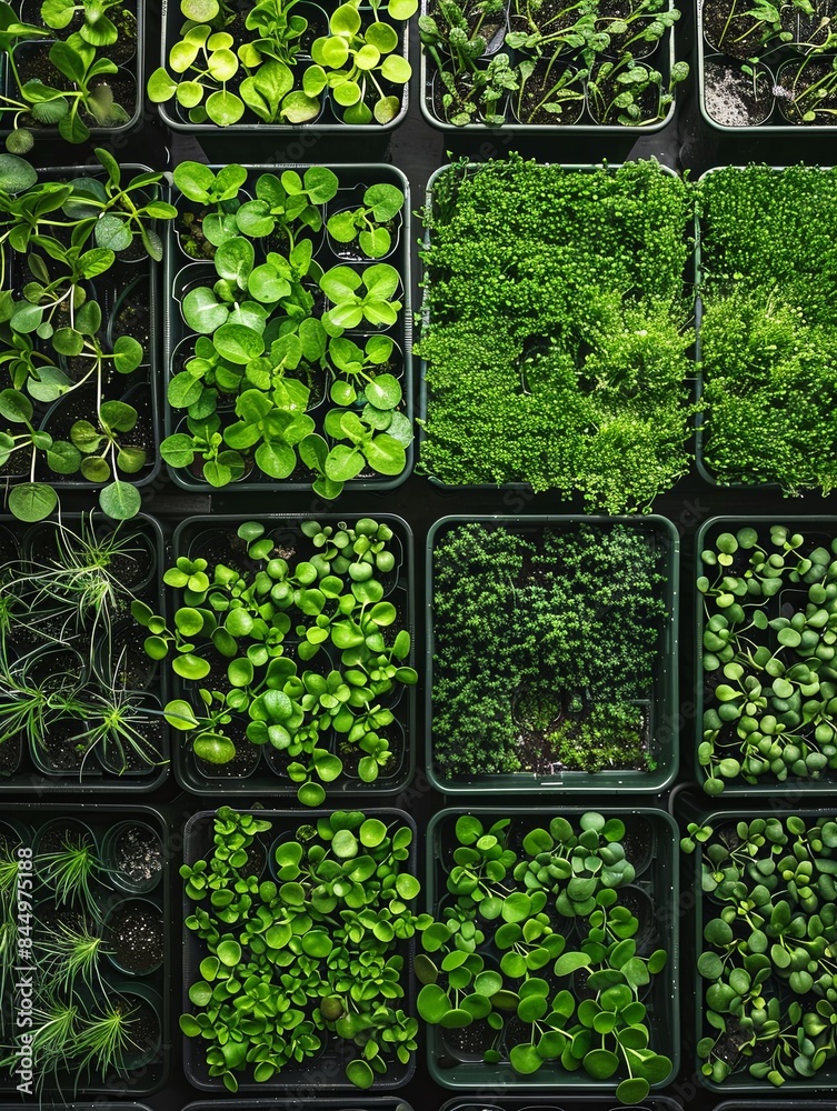Poster A top-down view of a microgreen farm with several trays filled with various types of microgreens. Generative AI