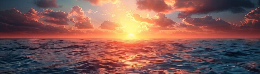 Obraz premium Stunning sunset over the ocean with vibrant colors, beautiful clouds, and serene waves creating a tranquil and captivating seascape.