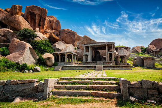 Tourist indian landmark Ancient ruins in Hampi. Hampi Bazaar, Hampi, Karnataka, India