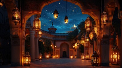 Obraz premium Ramadan night and lanterns, with new crescent and stars in the sky, Islamic art and architecture