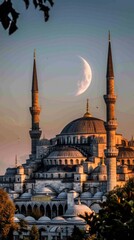 Naklejka premium beautiful mosque with a crescent moon in the background