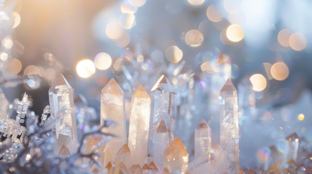 A blurred arrangement of crystal s and pointed stones adds a mystical touch to this defocused backdrop evoking a sense of healing energy and peace. .