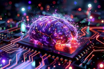 Fototapeta premium AI brain with digital circuits, showcasing advanced technology and artificial intelligence in a high tech, vibrant environment