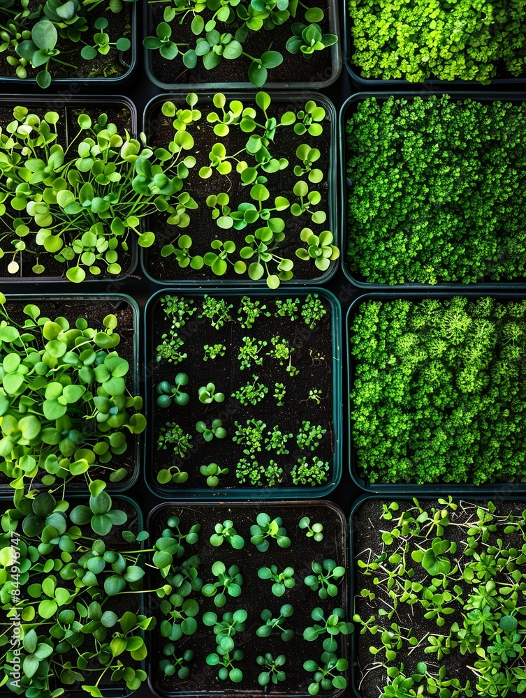 Poster A close-up view of a microgreen farm showing rows of trays filled with various types of microgreens in different stages of growth. Generative AI