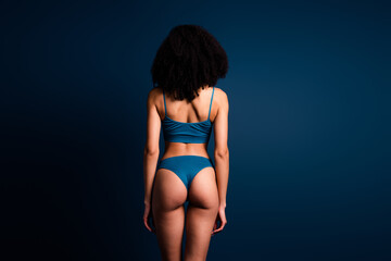 Obraz premium No retouch photo of gorgeous pretty lady underwear lingerie accepting pimple skin empty space isolated blue color background